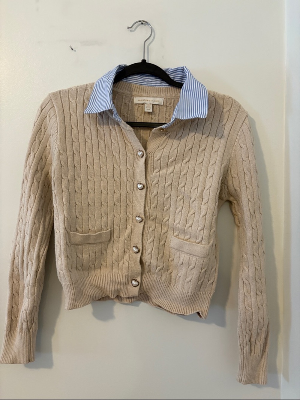 Beige Cable-Knit Button Cardigan with Heart Buttons